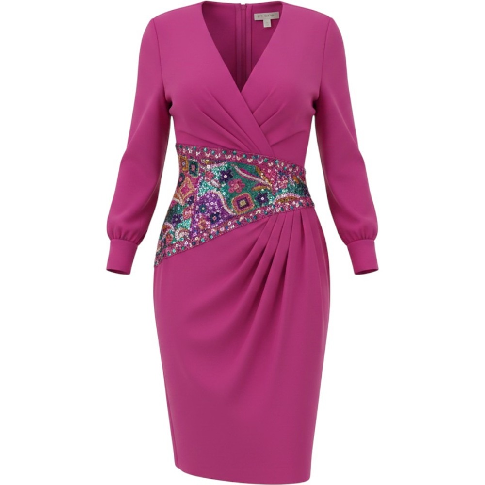 Vintage AJ Bari Magenta Pink Beaded Sequin Long Sleeve Dress SZ 6 80s Cocktail